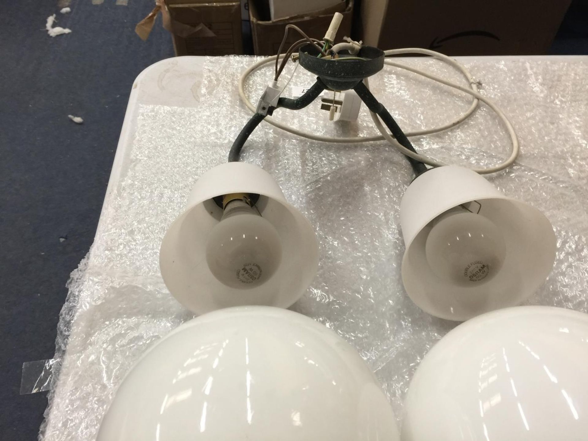 A PAIR OF VINTAGE SPHERICAL CEILING LIGHTS APPROX 18CM X 15CM PLUS A TWIN BRANCHED WALL LIGHT - Image 2 of 3