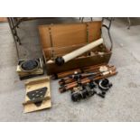 A PERFEX 3 INCH BOXED REFRACTING TELESCOPE AND STAND WITH NUMEROUS LENSES AND A SIGHTING