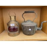 A VINTAGE COPPER KETTLE AND A BRASS SHIPS LAMP MARKED STARBOARD