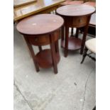 A PAIR OF 20" DIAMETER TWO TIER OCCASIONAL TABLES WITH SINGLE DRAWER