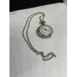 A DECORATIVE FOB WATCH ON A MARKED SILVER CHAIN