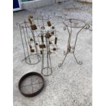 THREE METAL STANDS, A SOIL SIEVE AND A WALL ART