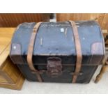 A VICTORIAN COMPRESSED FIBRE AND LEATHER ARCHED TOP TRAVELLING TRUNK BEARING THE NAME ROBERTSON