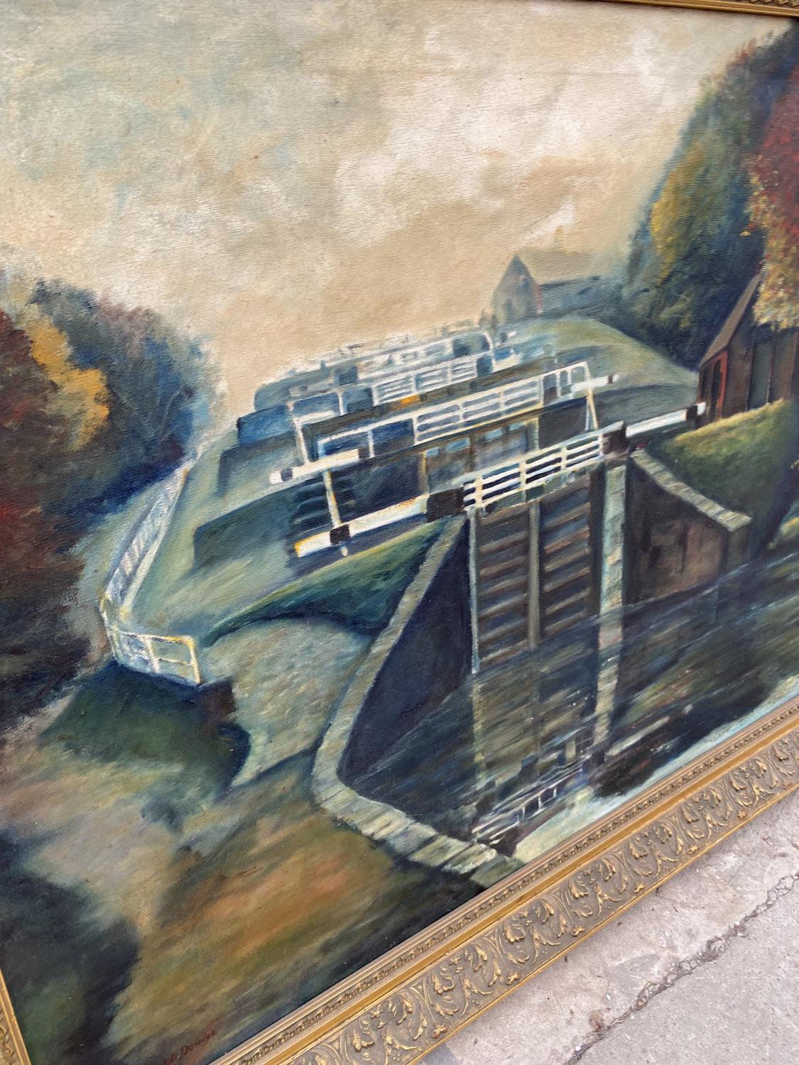 A LARGE GILT FRAMED OIL ON CANVAS OF CANAL LOCK SYSTEM - Image 3 of 3