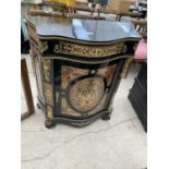 A 19TH CENTURY STYLE BOULLE BOWFRONTED CABINET WITH SINGLE DOOR AND DRAWER, 37" WIDE