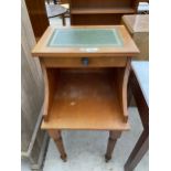 A MODERN YEW WOOD TELEPHONE TABLE WITH INSET LEATHER TOP, 14" WIDE