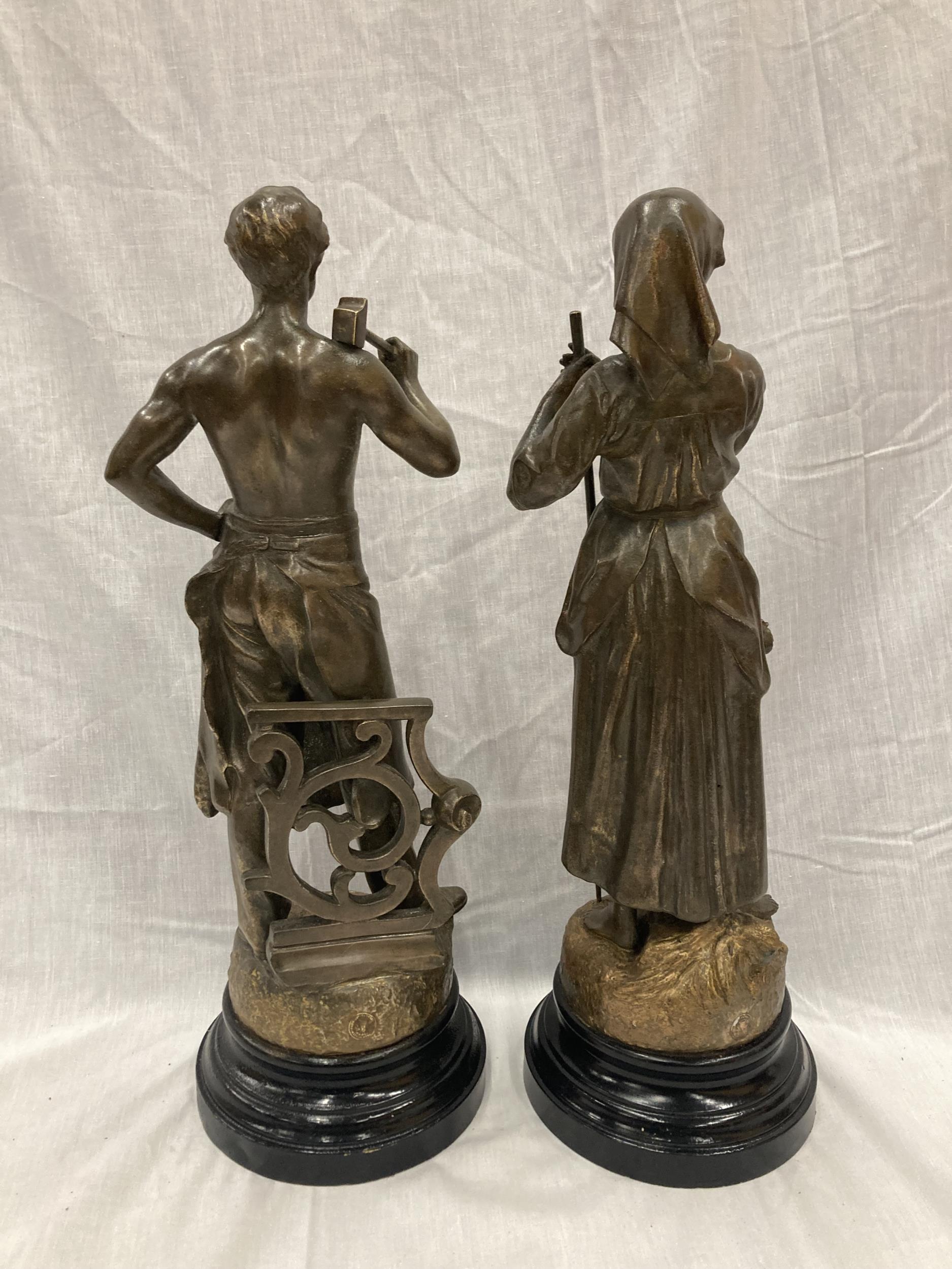 TWO SPELTER FIGURES THE BLACKSMITH AND THE HAYMAKER SIGNED C B PERRON PARIS WITH COIN REAR STAMP FOR - Image 4 of 7