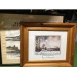 A FRAMED JAPENESE SILK AND A FRAMED PRINT OF A WATERCOLOUR OF A WINTER SCENE 'WINTER MORNING' BY