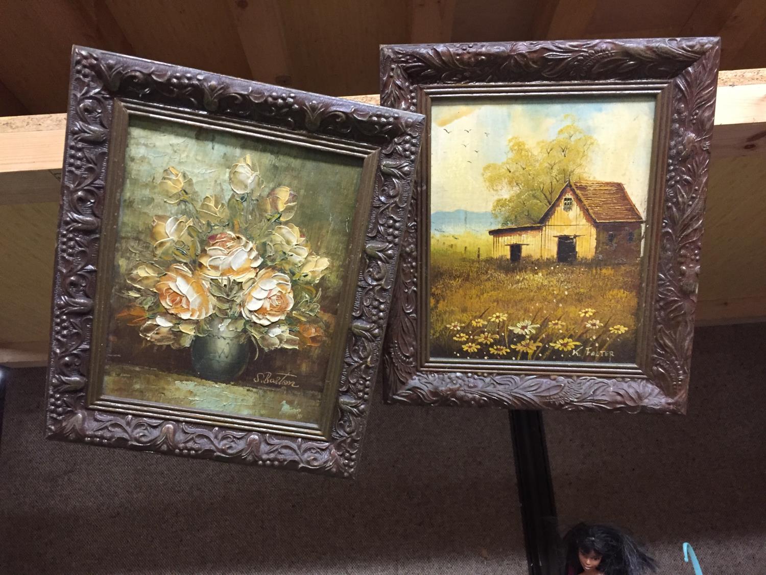 TWO SMALL WOODEN FRAMED OILS ON BOARDS OF A COUNTRY SCENE SIGNED K FALTER AND A STILL LIFE OF