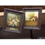 TWO SMALL WOODEN FRAMED OILS ON BOARDS OF A COUNTRY SCENE SIGNED K FALTER AND A STILL LIFE OF