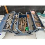A METAL TOOL BOX WITH AN ASSORTMENT OF TOOLS TO INCLUDE FILES, ALAN KEYS AND SOCKETS ETC