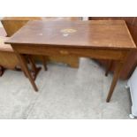 AN EDWARDIAN MAHOGANY CROSSBANDED AND SHELL INLAID SIDE TABLE, 35X17", FORMER FOLD-OVER TEA TABLE