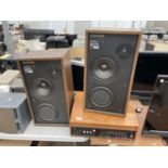 A DYNATRON GOLDRING RECORD PLAYER WITH TWO WOODEN CASED SPEAKERS