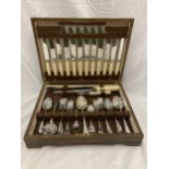 AN OAK CASED FORTY SEVEN PIECE CANTEEN OF CUTLERY WITH BONE HANDLED KNIVES