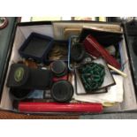 A BOX OF VARIOUS ITEMS TO INCLUDE COSTUME JEWELLERY, COINS, HIP FLASK, PEN KNIFE ETC
