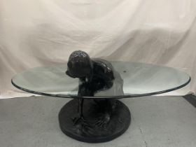 A LIMITED EDITION SIGNED BRONZE SCULPTURE COFFEE TABLE 'SHE'LL FIND' BY MARK STODDART. THIS ORIGINAL