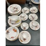 A QUANTITY OF ROYAL WORCESTER 'EVESHAM' DINNER WARE TO INCLUDE CUPS, SAUCERS, PLATES, BOWLS, SAUCE