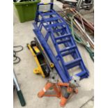 TWO METAL CAR RAMPS, TWO AXLE STANDS AND A TROLLEY JACK