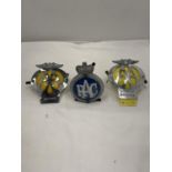 THREE VINTAGE MOTORING CAR BADGES, TWO A. A. PLUS AN R.A.C. ONE