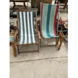TWO RETRO WOODEN FRAMED DECK CHAIRS AND TWO FOLDING SEATS