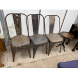 THREE METALWARE INDUSTRIAL STYLE CHAIRS AND TRIPOD WINE TABLE