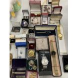 A QUANTITY OF BOXED COSTUME JEWELLERY TO INCLUDE EARRINGS, WATCHES, HATPINS, BRACELETS, RINGS,