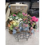 A DECORATIVE WINE RACK AND A QUANTITY OF ARTIFICIAL FLOWERS AND PLANTS