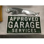 A CAST AND CHROME JAGUAR APPROVED GARAGE SERVICES SIGN 23CM X 18CM