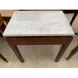 A 1970'S HARDWOOD LAMP TABLE WITH SINGLE DRAWER AND MARBLE TOP, 21X14"
