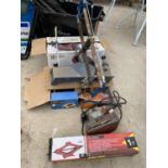 AN ASSORTMENT OF ITEMS TO INCLUDE A SCISSOR JACK, A FOOT PUMP AND A SANDER ETC