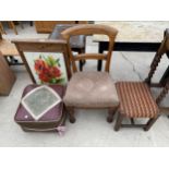 A MID 20TH CENTURY OAK FIRESCREEN WITH WOOLWORK PANEL, VICTORIAN DINING CHAIR, POUFFE AND STOOL