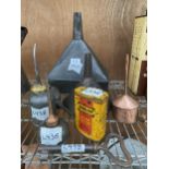 AN ASSORTMENT OF VINTAGE ITEMS TO INCLUDE FUNNELS, A PUMP ACTION OIL CAN AND A LARGE KEY ETC