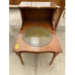 A YEW WOOD TELEPHONE TABLE WITH INSET LEATHER TOP