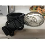 TWO LEATHER BELTS WITH DECORATIVE BUCKLES TO INCLUDE A HORSE AND A SNAKE