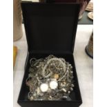A BOX CONTAINING A QUANTITY OF WHITE METAL JEWELLERY TO INCLUDE NECKLACES, BANGLES, BRACELETS,