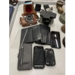 A QUANTITY OF OLD MOBILE PHONES AND CAMERAS TO INCLUDE YASHICA, KODAK BROWNIE 44A, iPHONE,