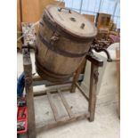 A LARGE VINTAGE OAK BUTTER CHURN WITH STAND