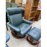 A GREEN STRESSLESS REVOLVING RECLINER AND A STOOL