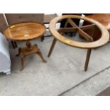 A RETRO TEAK COFFEE TABLE AND YEW WOOD WINE TABLE