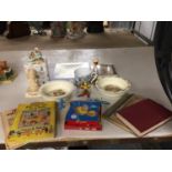 VARIOUS ITEMS TO INCLUDE TWO NODDY CARS, VINTAGE PICTURE CUBES, BUNNYKINS DISH ETC