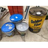 A GOLDEN FILM OIL DRUM AND THREE TINS OF RONSEAL PAINT