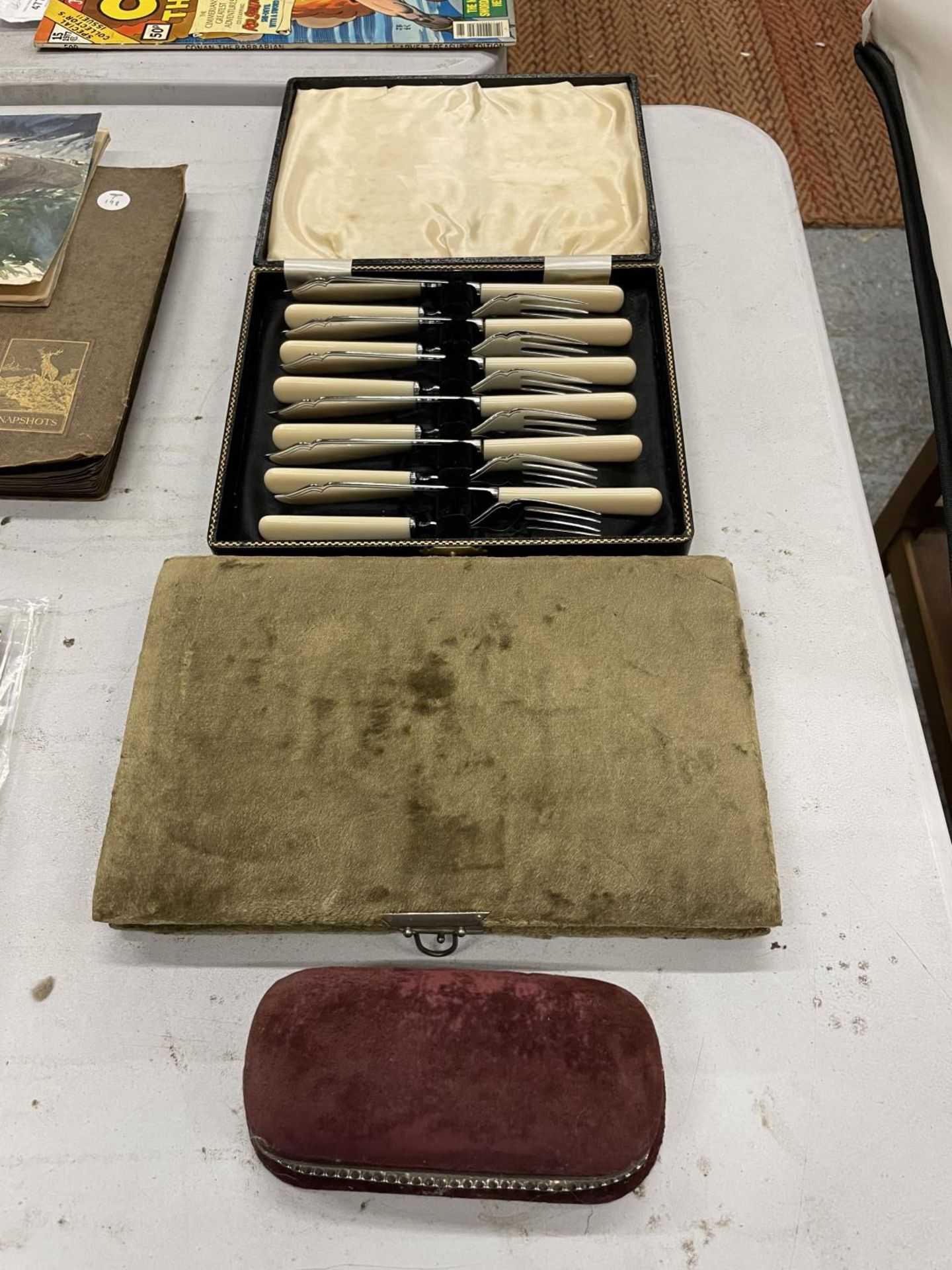 A VINTAGE CASED SET OF FISH KNIVES AND FORKS, A VELVET COVERED PHOTO ALBUM AND A VELVET COVERED