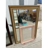 A MODERN GILT FRAMED WALL MIRROR, 42X30" AND A SMALLER PINK PAINTED WALL MIRROR