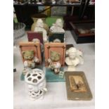 VARIOUS CERAMIC ITEMS TO INCLUDE TEDDY BEAR BOOK ENDS, A BUST OF MOZART, WALL SCONCES ETC