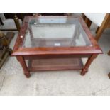 A MODERN GLASS TOP LAMP TABLE WITH SPLIT CANE UNDERTIER, 24X22"