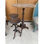 A VICTORIAN STYLE TRIPOD TABLE, 18" DIAMETER AND TWO MODERN TRIPOD WINE TABLES, 10" DIAMETER