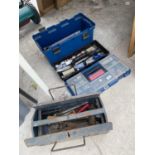 TWO TOOL BOXES WITH AN ASSORTMENT OF TOOLS TO INCLUDE HAMMER, CHISELS AND HARDWARE ETC