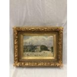 A ROBERT MEADOWS WATERCOLOUR OF A HARVEST SCENE SIGNED. 24CM X 35CM IN AN ELABORATE GILT FRAME