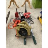 AN ASSORTMENT OF TOOLS TO INCLUDE A BLACK AND DECKER CIRCULAR SAW, GARDEN SHEARS AND A BOTTLE JACK