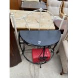 A WROUGHT IRON HALL TABLE, SMALL RED STOOL AND METALWARE SINGLE BEDHEAD